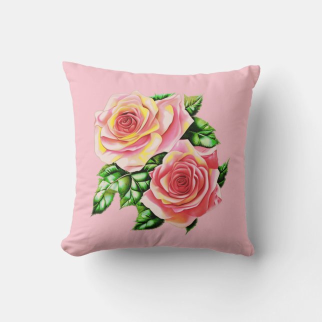 Coussin Roses roses corail rose avec Feuilles verts Jade (Recto)