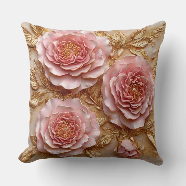 Coussin Roses roses élégantes avec feuilles dorées (Recto)