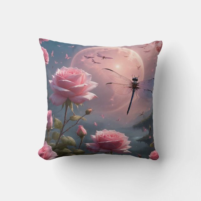 Coussin Roses roses et libellule (Recto)