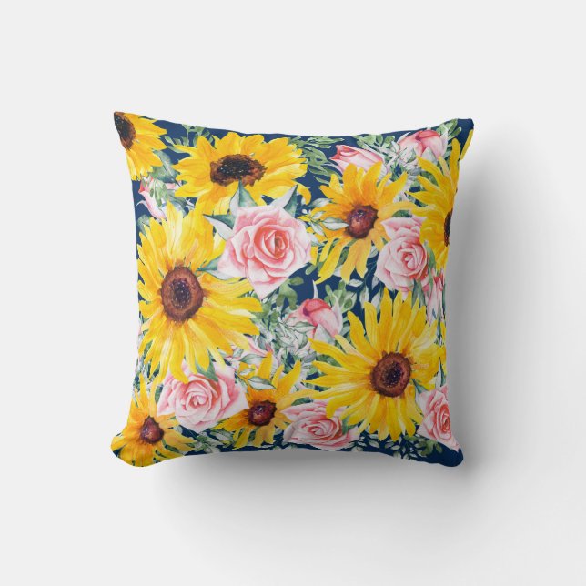 Coussin Roses roses jaunes bleu marine (Recto)