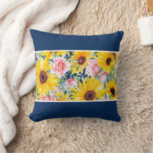 Coussin Roses roses jaunes tournesols bleu marine 