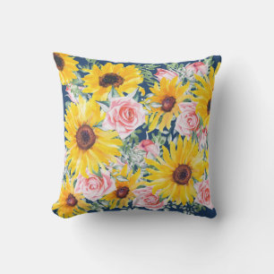 Coussin Roses roses jaunes tournesols bleu marine véranda