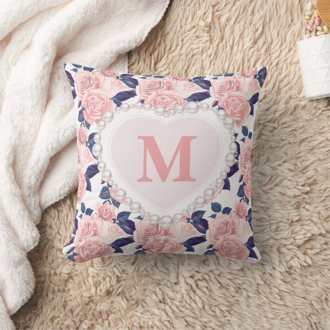 Coussin  Roses roses navires bleu floral Perle Monogramme  (Couverture)
