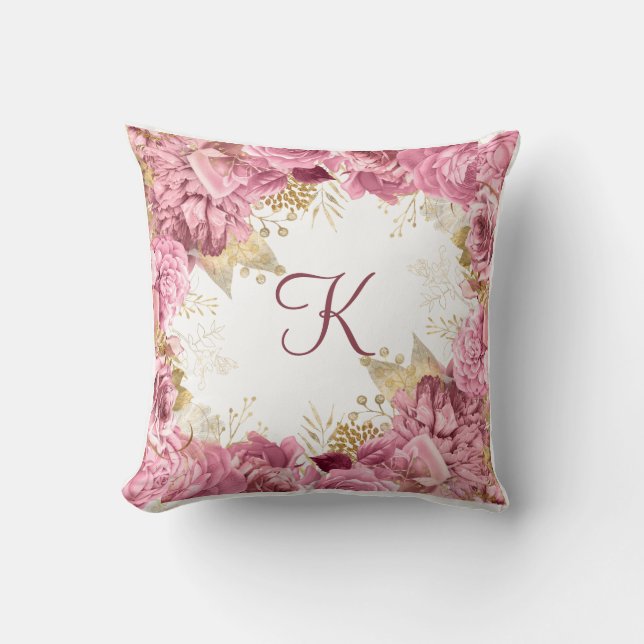 Coussin Roses roses or Monogram Pink Gold Floral élégant (Recto)