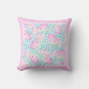 Coussin Roses roses, Papillons blancs sur Bleu, Pois