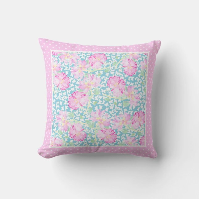 Coussin Roses roses, Papillons blancs sur Bleu, Pois (Recto)