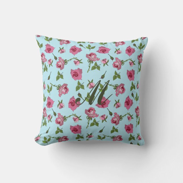 Coussin Roses roses rose motif sur monogramme bleu Lancer  (Recto)