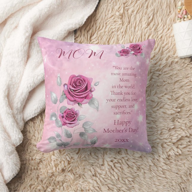 Coussin Roses roses roses et feuilles argentées scintillan (Couverture)