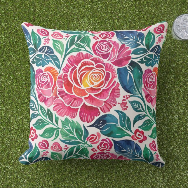 Coussin Roses roses roses vives et fleurs Turquoises (Herbe)