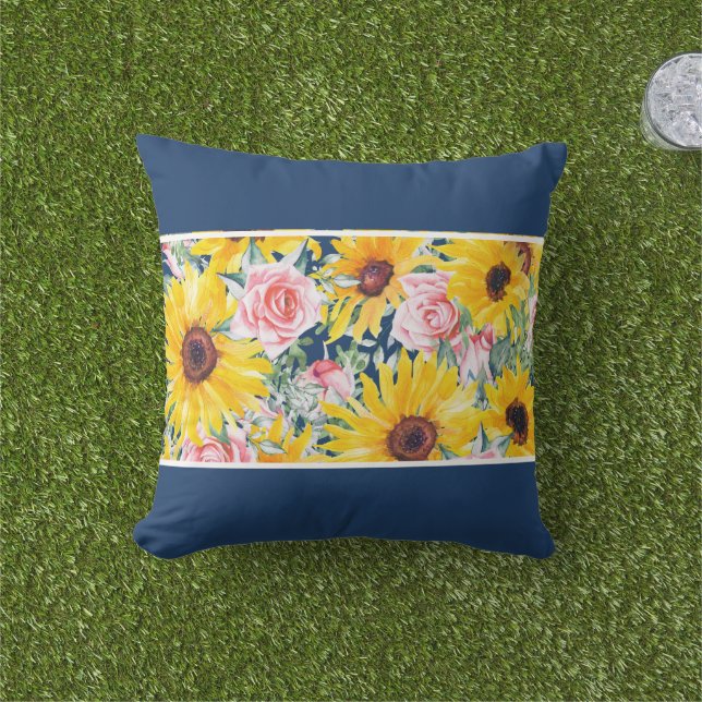 Coussin Roses roses Tournesols Marine Porc Bleu Patio Outd (Herbe)