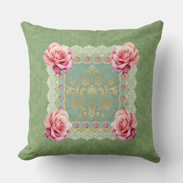 Coussin Roses roses vintages et dégradées Design Damas (Recto)