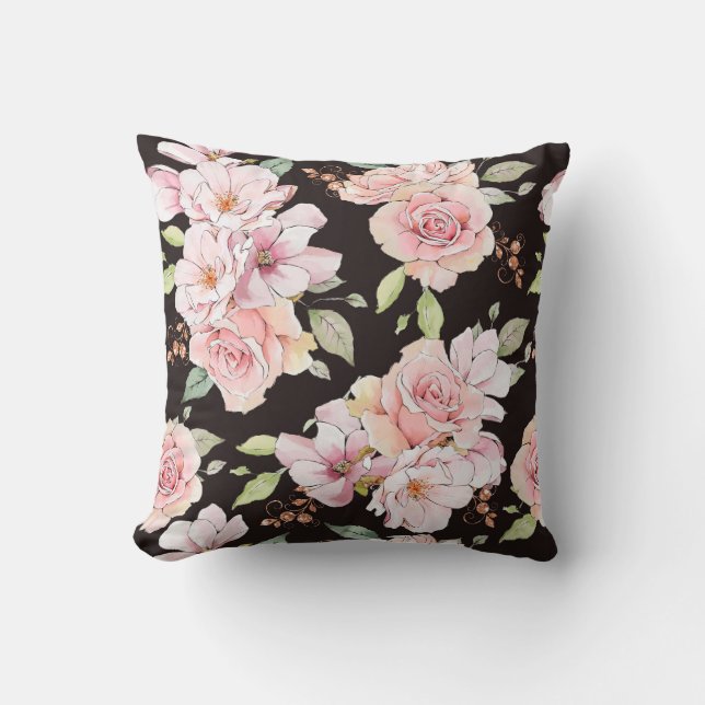 Coussin Roses roses vintages sur brun foncé (Recto)