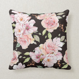 Coussin Roses roses vintages sur brun foncé