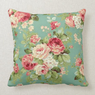 Coussin Roses roses vintages sur la copie verte de papier