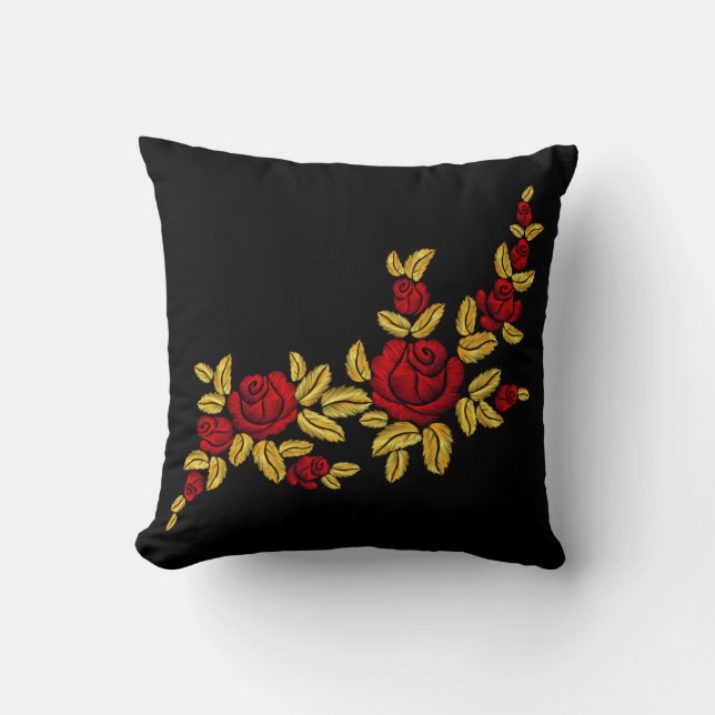 Coussin Roses rouges brodées Feuilles d'or Noir (Recto)