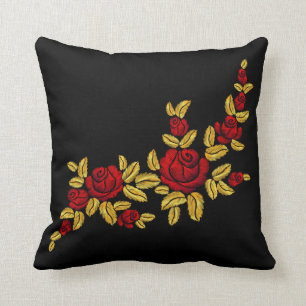 Coussin Roses rouges brodées Feuilles dorés Noir