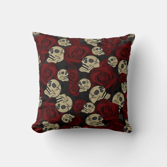 Coussin Roses Rouges & Crânes Floral Gothique Gris Noir (Recto)