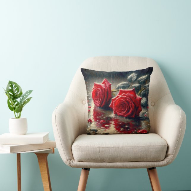 Coussin Roses Rouges Dans La Pluie (Chaise)