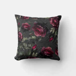 Coussin Roses rouges de Bordeaux ombrées de gris floral 