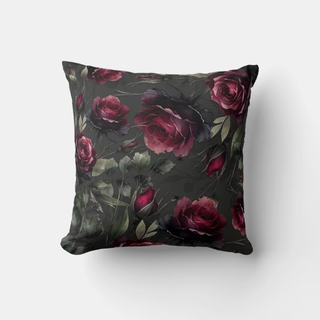 Coussin Roses rouges de Bordeaux ombrées de gris floral  (Recto)
