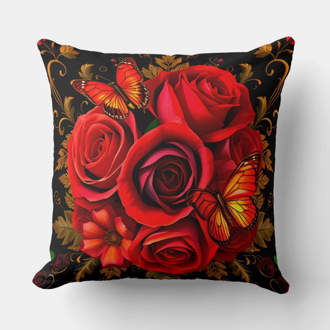 Coussin Roses rouges élégantes avec papillons (Recto)