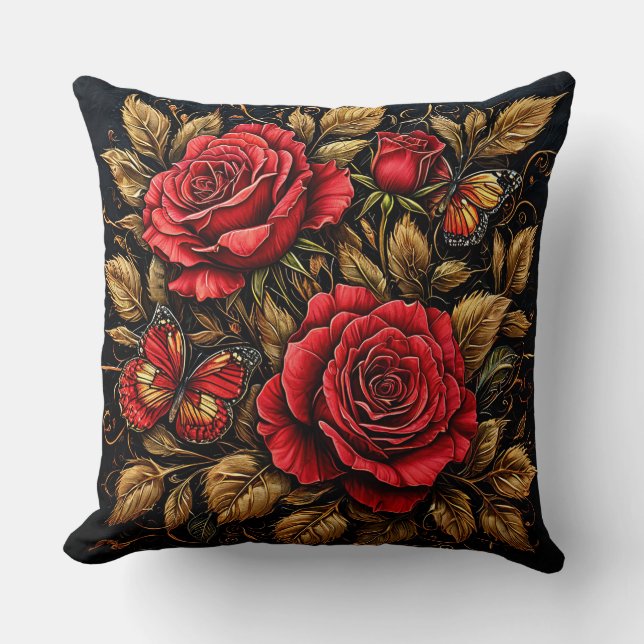 Coussin Roses rouges élégantes et papillons (Recto)