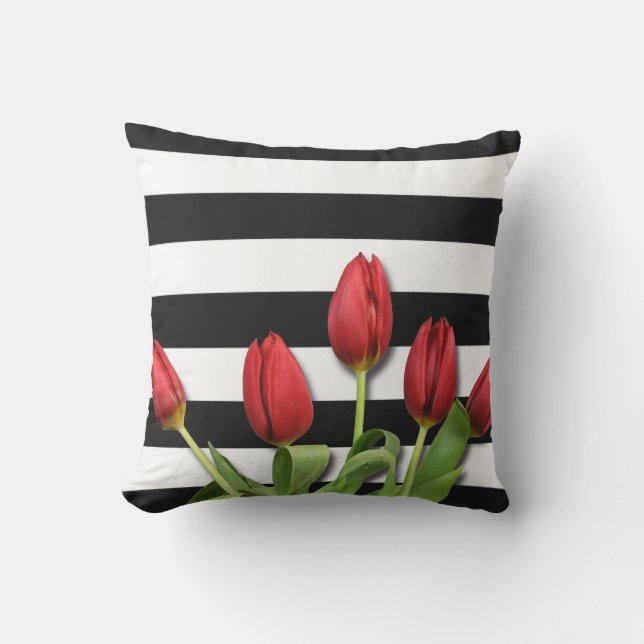 Coussin Roses rouges et bandes blanches noires (Recto)