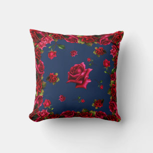 Coussin Roses Rouges Floral Glam Chic Usé Bleu