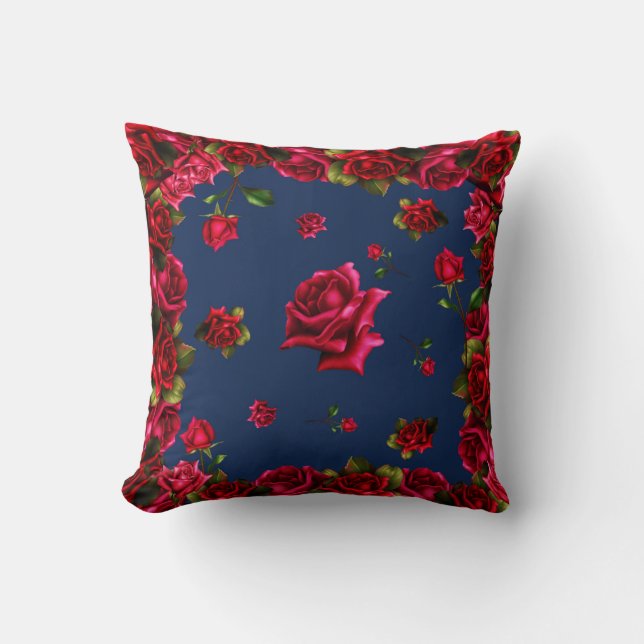 Coussin Roses Rouges Floral Glam Chic Usé Bleu (Recto)