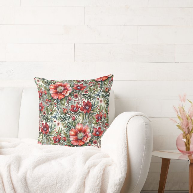 Coussin Roses rouges modernes vintages et sapins (Canapé)