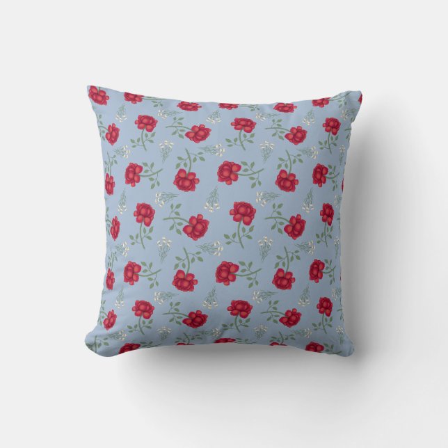 Coussin Roses rouges sur bleu clair Calico surdimensionné (Recto)