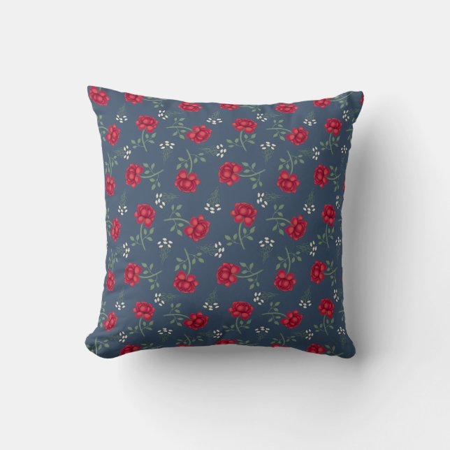 Coussin Roses rouges sur calicot géant bleu crépuscule  (Recto)