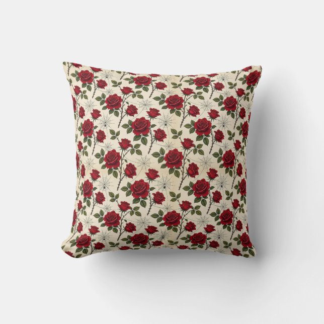 Coussin Roses Rouges & Toiles d'Araignée Gothiques  (Recto)