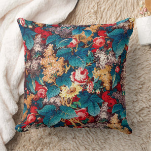 Coussin Roses rouges vintages et motif floral lilas