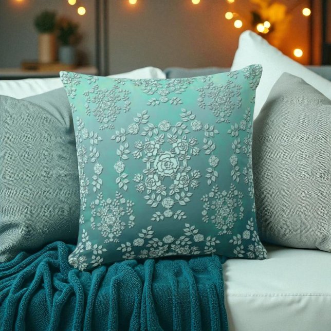 Coussin Roses sarcelles de style vintage motif damas (Créateur téléchargé)