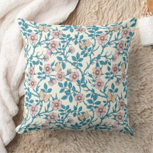 Coussin Roses sauvages et papillons /rose/bleu/blanc cassé