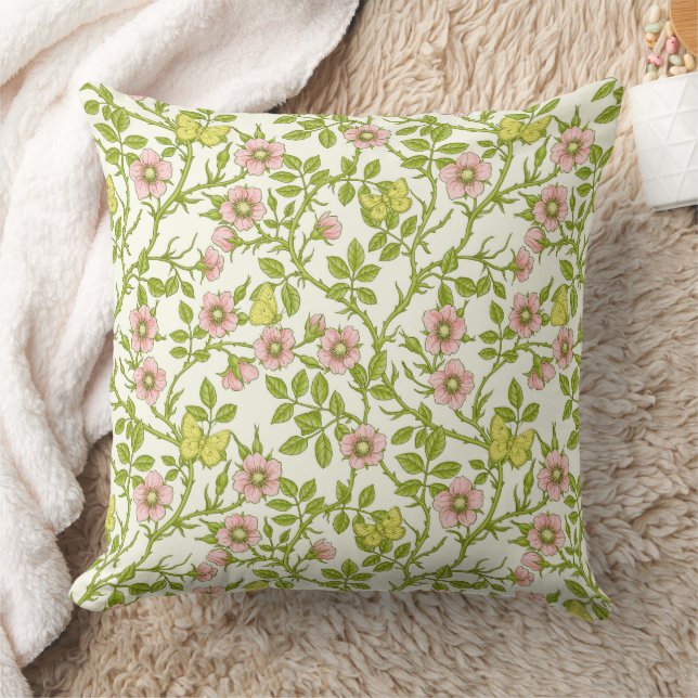Coussin Roses sauvages et papillons /rose/vert pâle/jaune (Couverture)