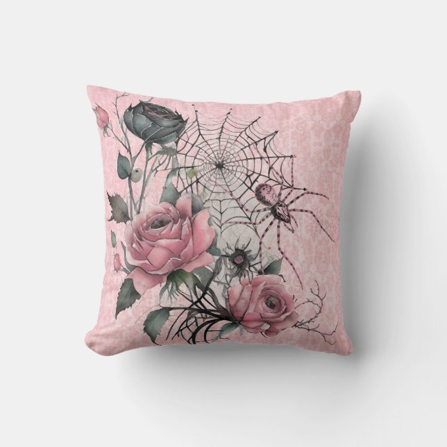 Coussin Roses Spiderweb | Halloween gothique rose Damas (Recto)