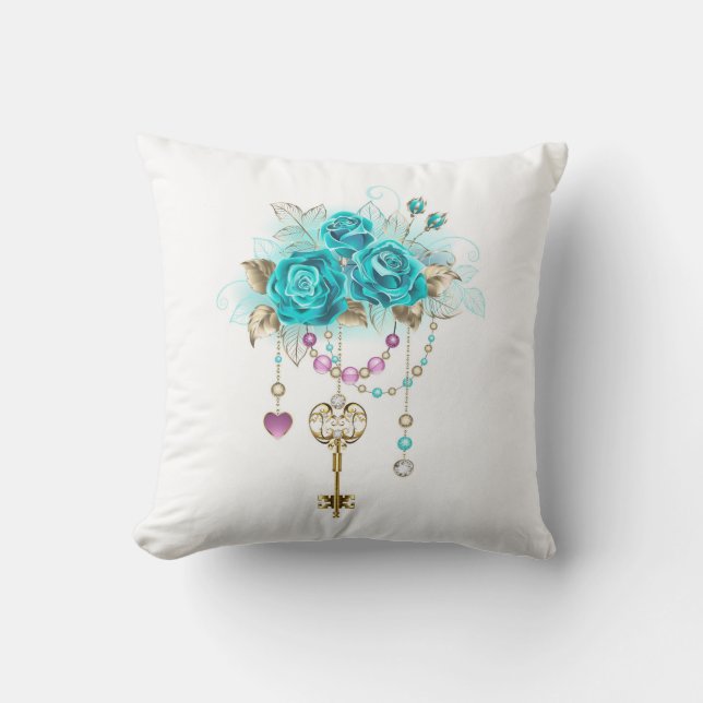 Coussin Roses turquoise avec touches (Recto)