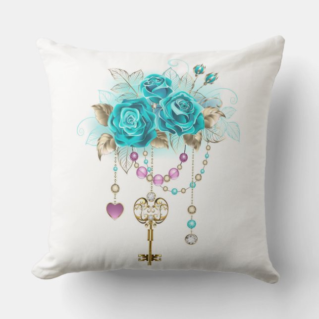 Coussin Roses turquoise avec touches (Recto)