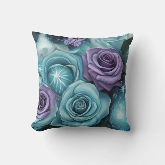 Coussin Roses turquoise et violet (Recto)