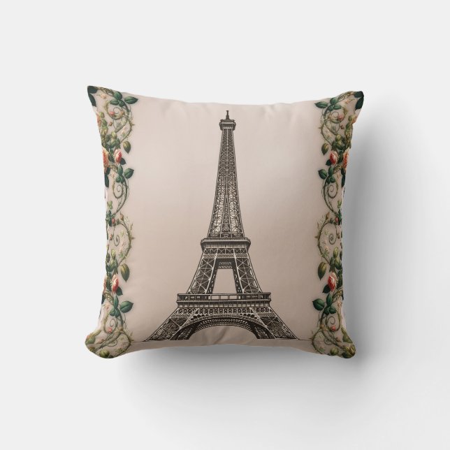 Coussin Roses Vignes Roses Paris Tour Eiffel Shabby Chic (Recto)