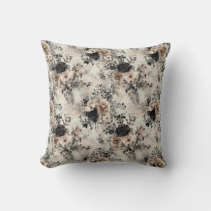 Coussin Roses vintages d'aquarelle en beige, noir, crème