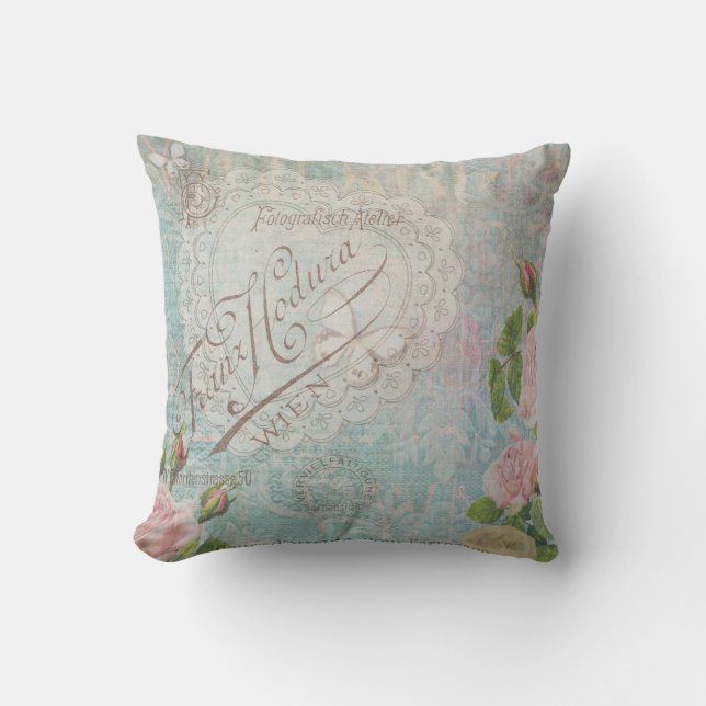 Coussin Roses Vintages français et Heart Collage Bleu (Recto)