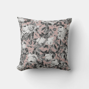 Coussin Roses Vintages noirs blancs sur Rose Dusty