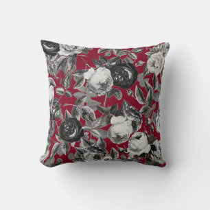 Coussin Roses Vintages noirs blancs sur rouge bordeaux