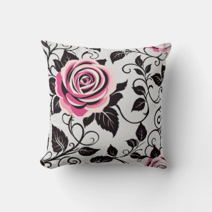 Coussin Roses Vintages rose et noir stylisés