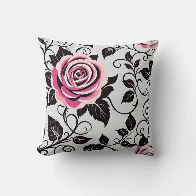 Coussin Roses Vintages rose et noir stylisés (Recto)