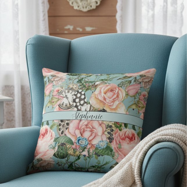 Coussin Roses Whimsics Modernes Et Horloges Motif Bleu (Créateur téléchargé)