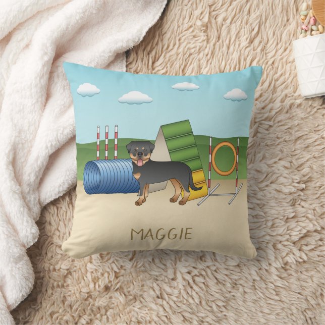 Coussin Rottweiler noir et feu avec équipement d'agilité (Couverture)